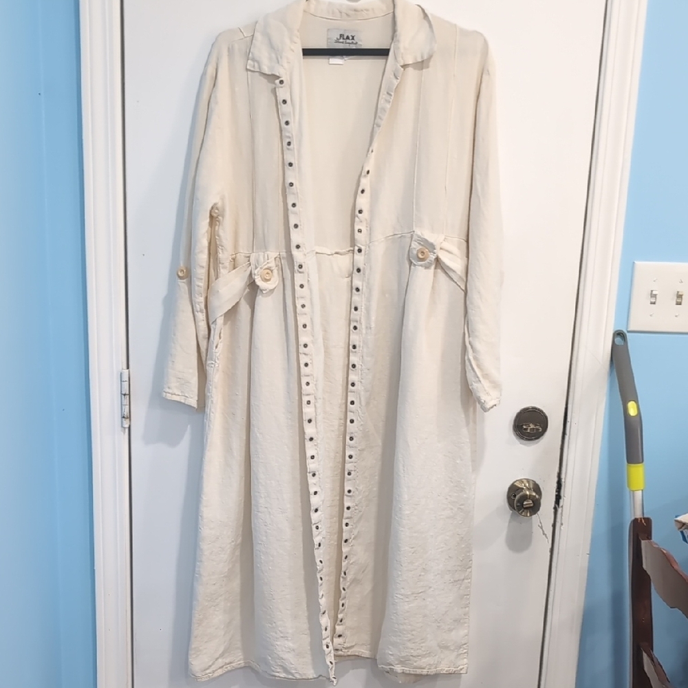 VTG Flax By Jeanne Englehart Cream Snap-Up Belted Maxi Dress Duster Lagenlook - Picture 9 of 9